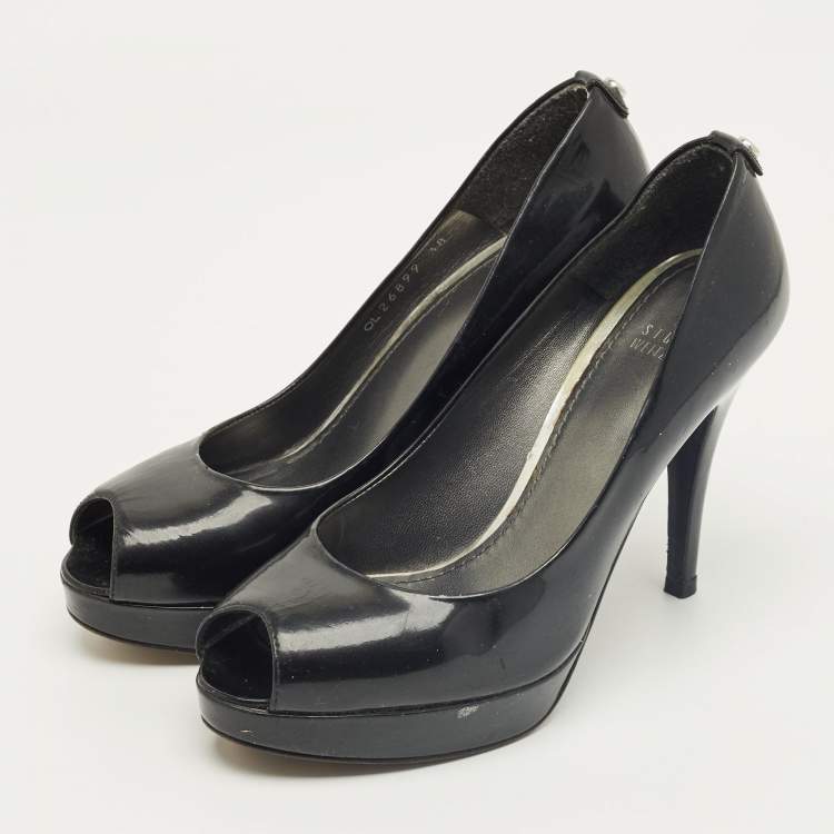 Pre Owned Stuart Weitzman Black Patent Leather Peep Toe Pumps Size 38