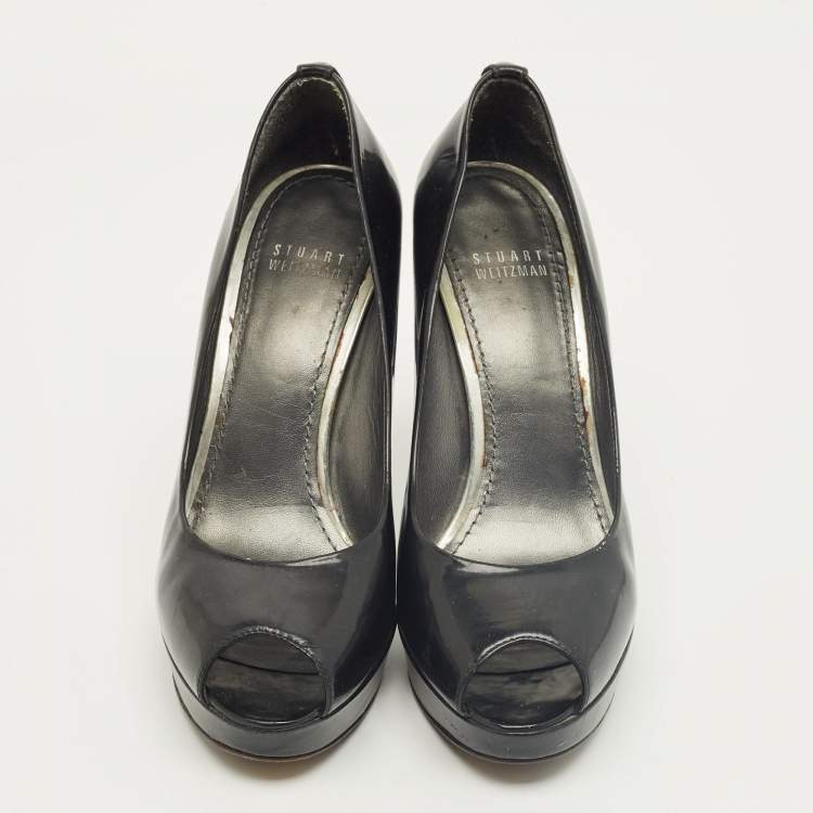Pre Owned Stuart Weitzman Black Patent Leather Peep Toe Pumps Size 38