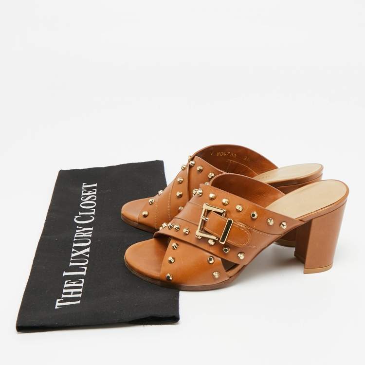 Pre Owned Stuart Weitzman Brown Leather Studs Slide Sandals Size 36