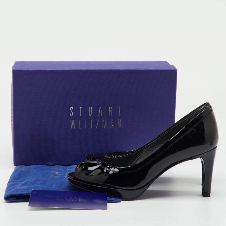 Pre Owned Stuart Weitzman Black Patent Leather Peep Toe Pumps Size 38.5