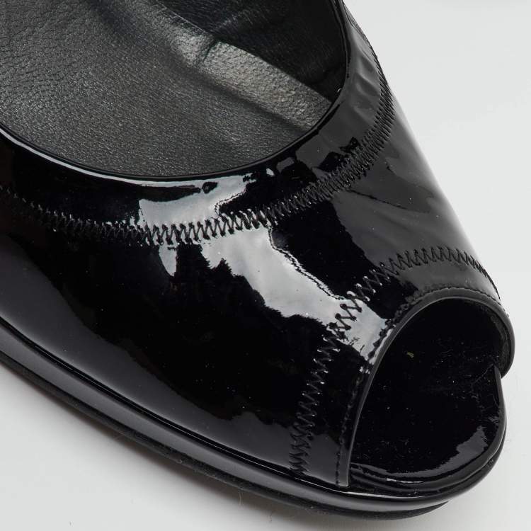 Pre Owned Stuart Weitzman Black Patent Leather Peep Toe Pumps Size 38.5