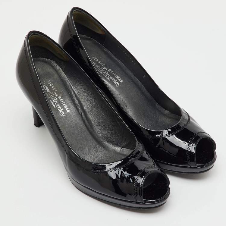 Pre Owned Stuart Weitzman Black Patent Leather Peep Toe Pumps Size 38.5