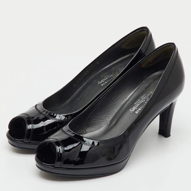 Pre Owned Stuart Weitzman Black Patent Leather Peep Toe Pumps Size 38.5