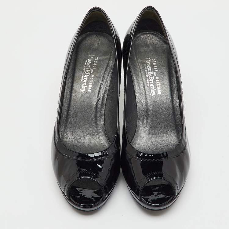 Pre Owned Stuart Weitzman Black Patent Leather Peep Toe Pumps Size 38.5