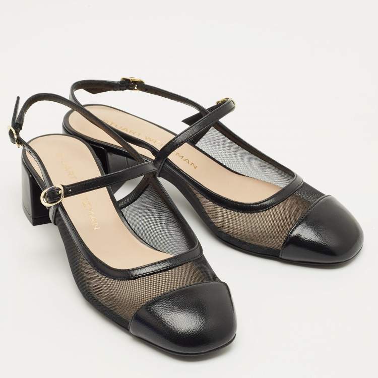 Pre Owned Stuart Weitzman Black Leather and Mesh Maeve Mary Jane Pumps Size 38
