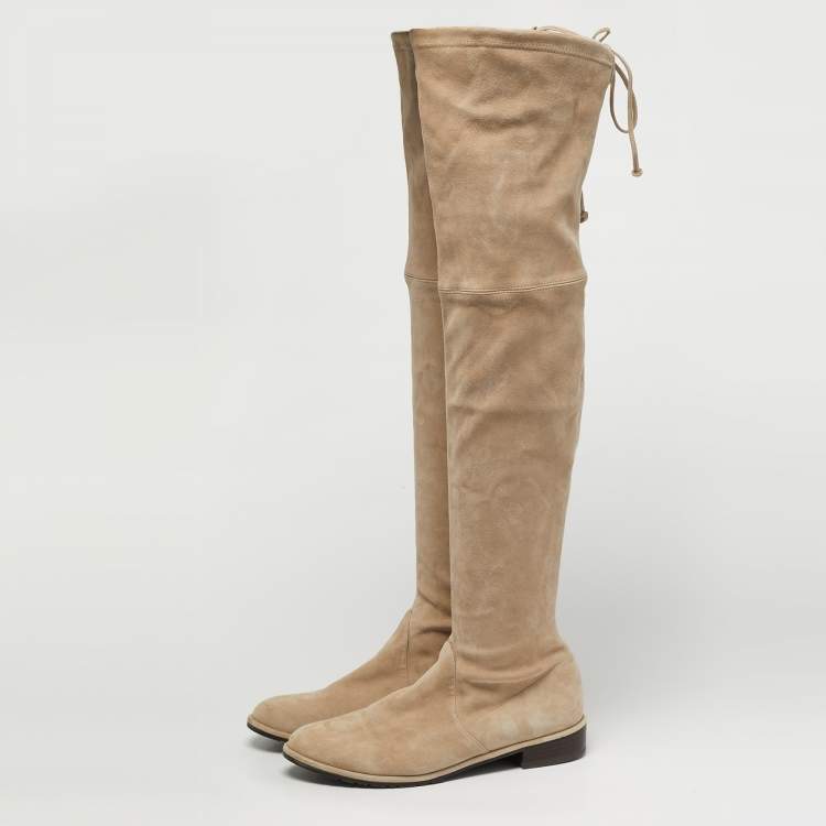 Pre Owned Stuart Weitzman Lowland Size 39.5 Beige Suede Knee Length Boots