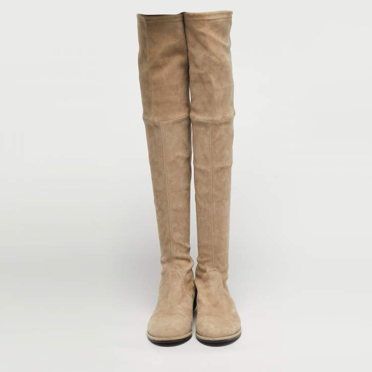 Pre Owned Stuart Weitzman Lowland Size 39.5 Beige Suede Knee Length Boots