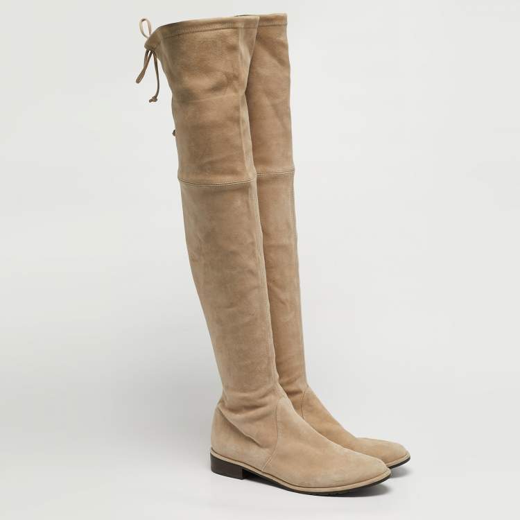 Pre Owned Stuart Weitzman Lowland Size 39.5 Beige Suede Knee Length Boots