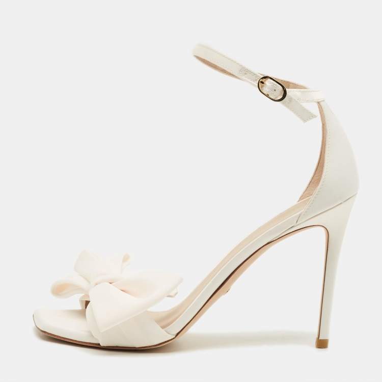 Pre Owned Stuart Weitzman Size 41 Cream Satin Bow Ankle Strap Sandals