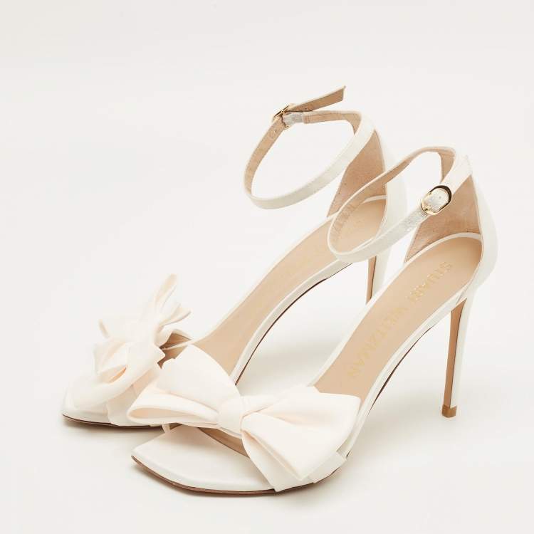 Pre Owned Stuart Weitzman Size 41 Cream Satin Bow Ankle Strap Sandals