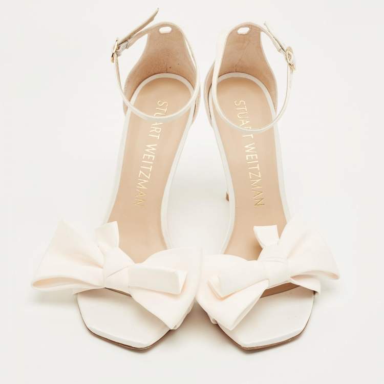 Pre Owned Stuart Weitzman Size 41 Cream Satin Bow Ankle Strap Sandals