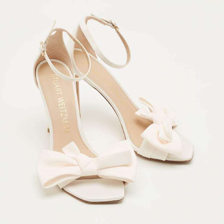 Pre Owned Stuart Weitzman Size 41 Cream Satin Bow Ankle Strap Sandals