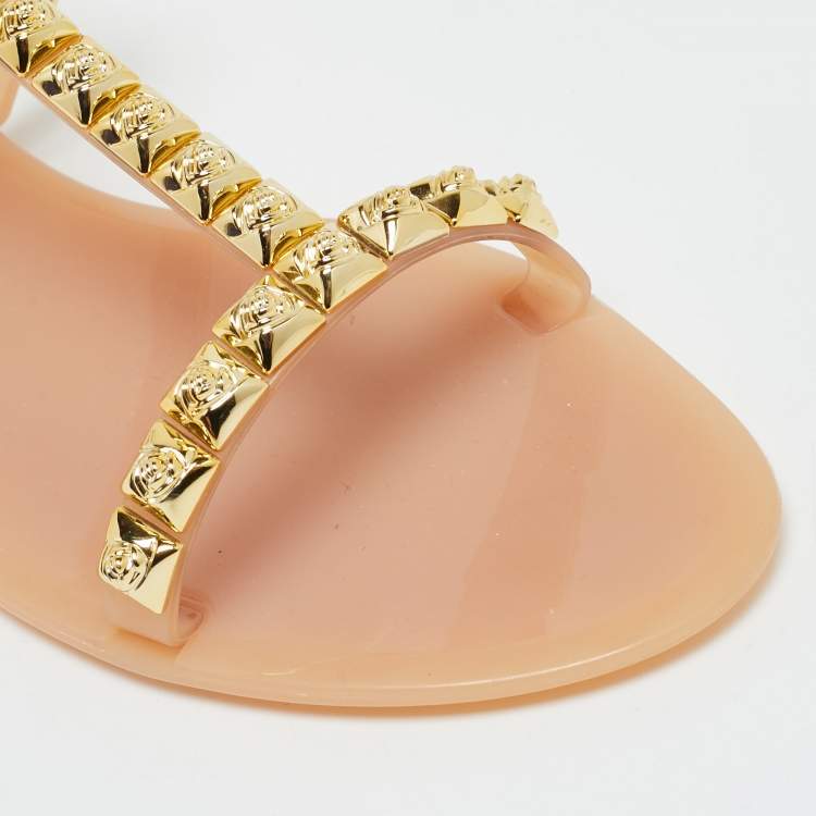 Pre Owned Stuart Weitzman Size 39 Beige Jelly Rose Studded Flat Sandals