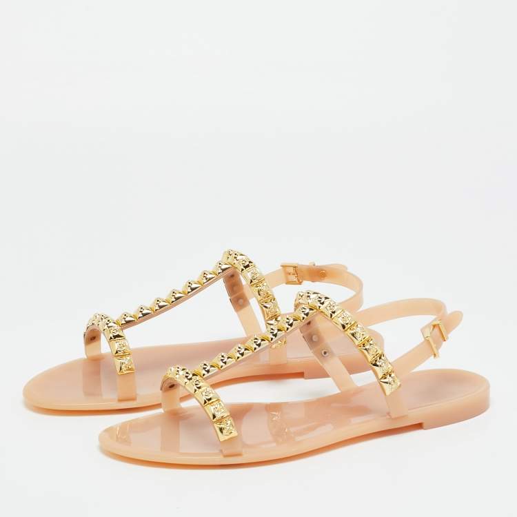 Pre Owned Stuart Weitzman Size 39 Beige Jelly Rose Studded Flat Sandals
