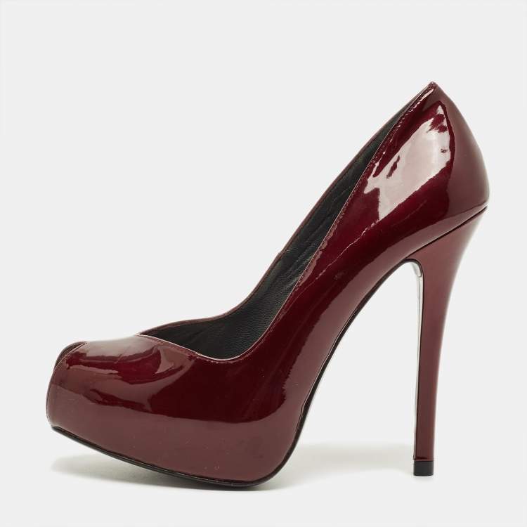 مملوكة مسبقًا Stuart Weitzman Size 35.5 Burgundy Patent Leather Peep Toe Platform Pumps