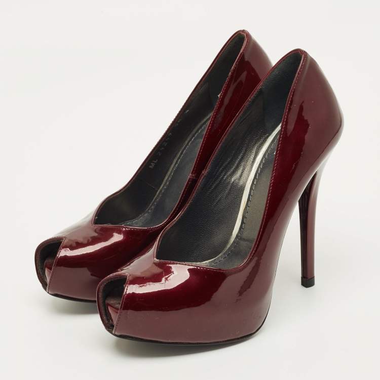 مملوكة مسبقًا Stuart Weitzman Size 35.5 Burgundy Patent Leather Peep Toe Platform Pumps