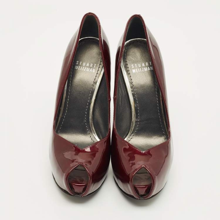 مملوكة مسبقًا Stuart Weitzman Size 35.5 Burgundy Patent Leather Peep Toe Platform Pumps