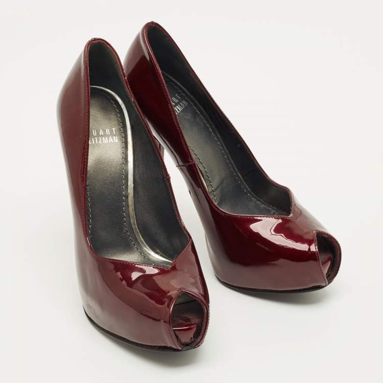 مملوكة مسبقًا Stuart Weitzman Size 35.5 Burgundy Patent Leather Peep Toe Platform Pumps