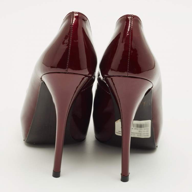 مملوكة مسبقًا Stuart Weitzman Size 35.5 Burgundy Patent Leather Peep Toe Platform Pumps