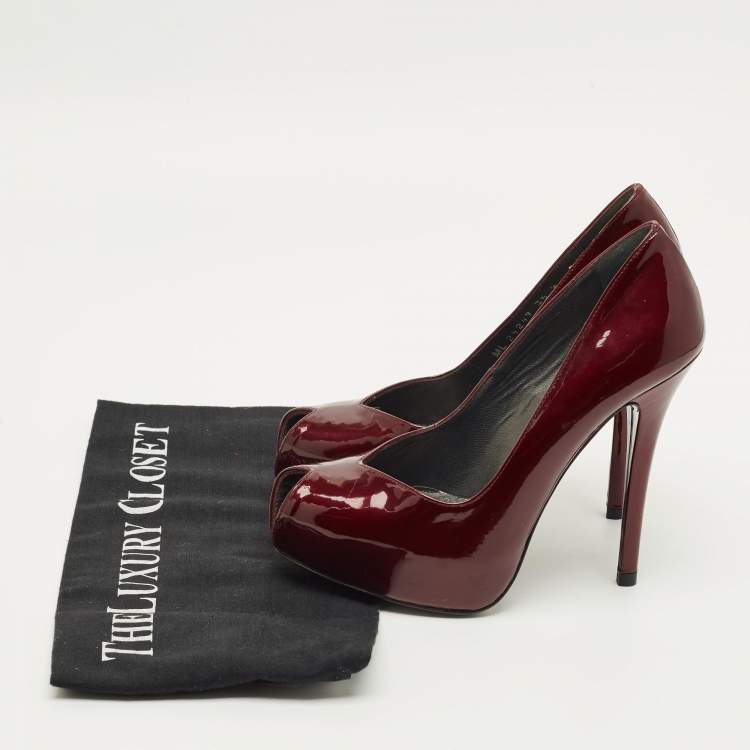 مملوكة مسبقًا Stuart Weitzman Size 35.5 Burgundy Patent Leather Peep Toe Platform Pumps