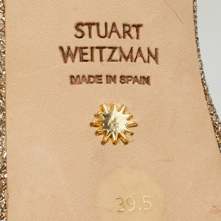 مملوكة مسبقًا Stuart Weitzman Nudist Size 39.5 Gold Metallic Lurex Fabric Ankle Strap Sandals