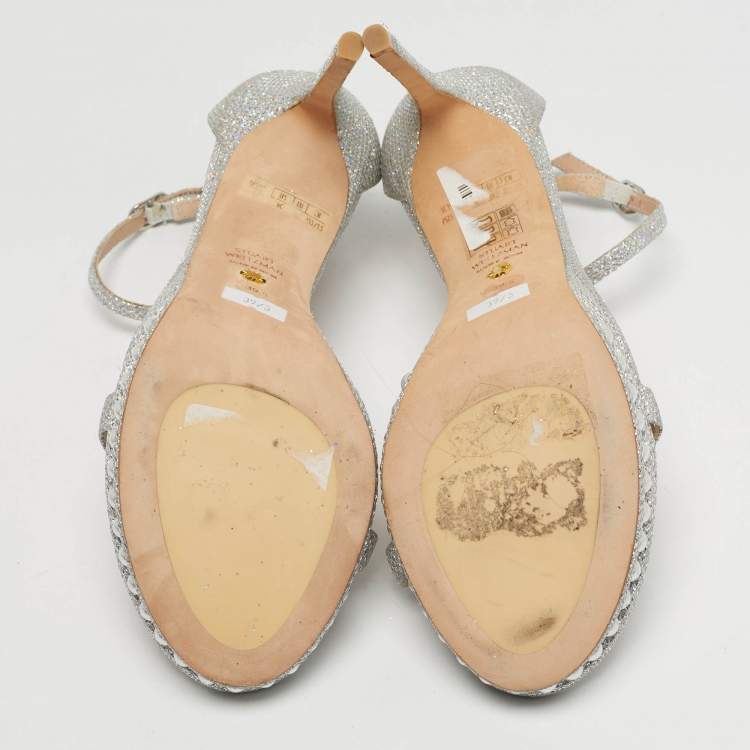 Pre Owned Stuart Weitzman Nudist Size 39.5 Silver Metallic Lurex Fabric Pearl Platform Ankle Strap Sandals