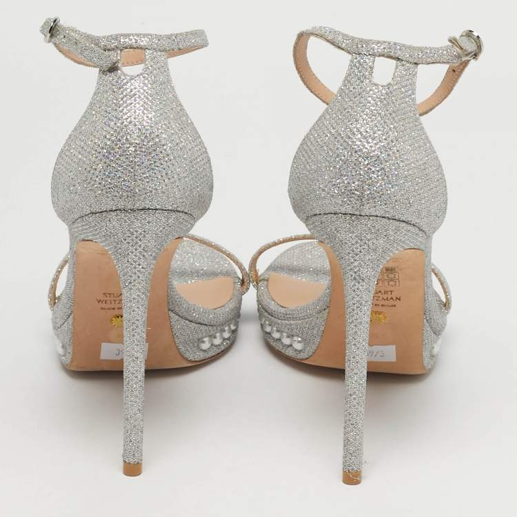 Pre Owned Stuart Weitzman Nudist Size 39.5 Silver Metallic Lurex Fabric Pearl Platform Ankle Strap Sandals