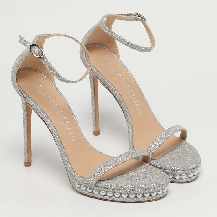 Pre Owned Stuart Weitzman Nudist Size 39.5 Silver Metallic Lurex Fabric Pearl Platform Ankle Strap Sandals