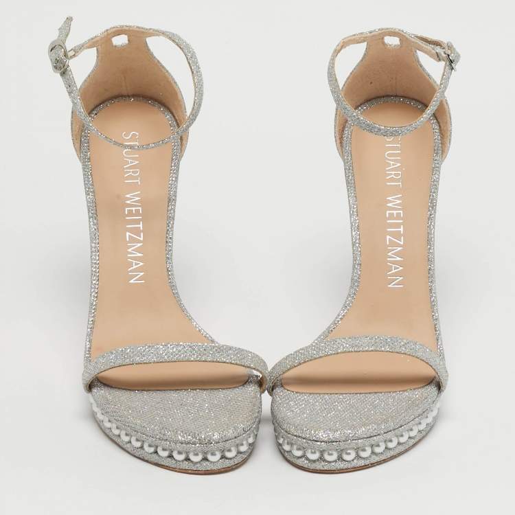 Pre Owned Stuart Weitzman Nudist Size 39.5 Silver Metallic Lurex Fabric Pearl Platform Ankle Strap Sandals