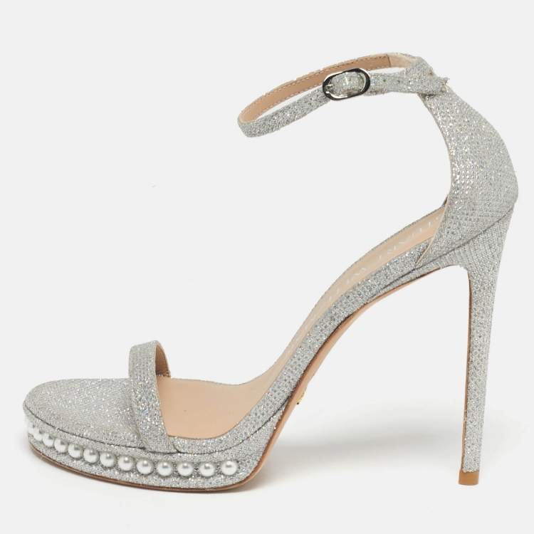 Pre Owned Stuart Weitzman Nudist Size 39.5 Silver Metallic Lurex Fabric Pearl Platform Ankle Strap Sandals