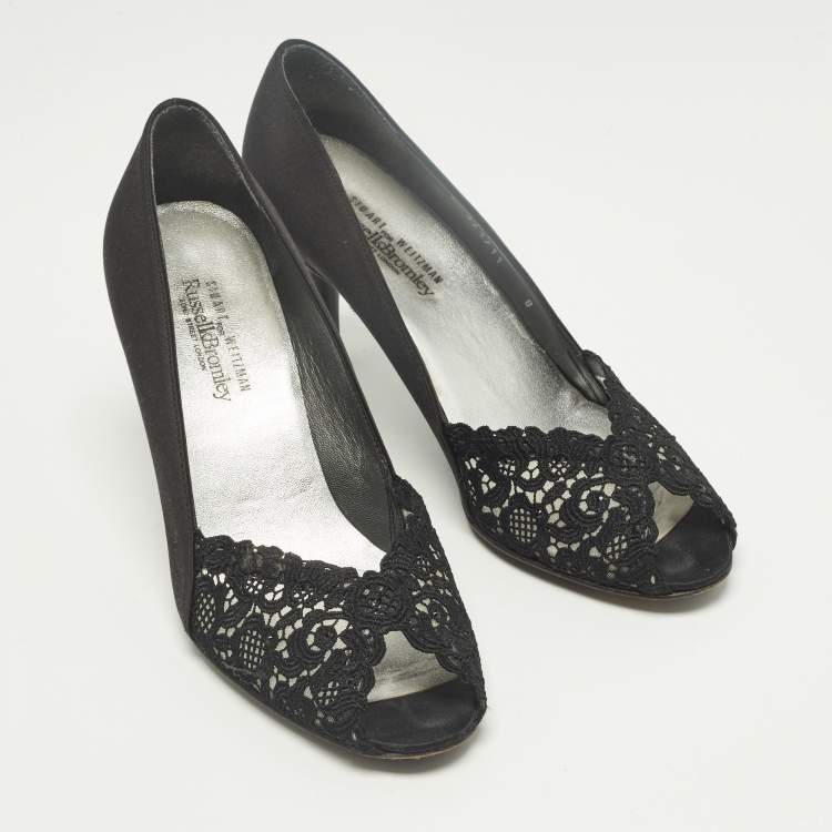 Pre Owned Stuart Weitzman Chantelle Size 38.5 Black Lace and Satin Peep Toe Pumps