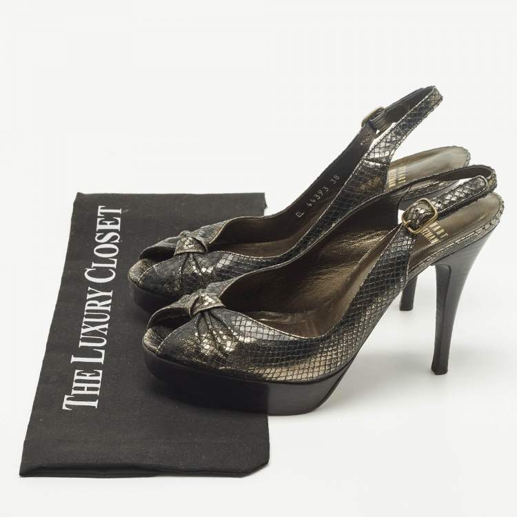 Pre Owned Stuart Weitzman Size 38 Metallic Snakeskin Embossed Leather Knot Slingback Peep Toe Pumps