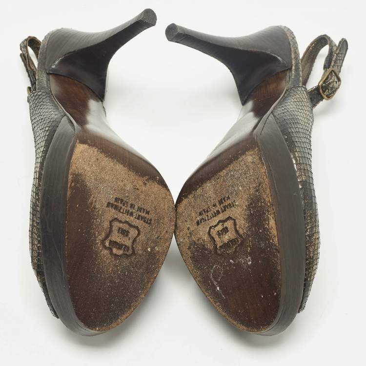 Pre Owned Stuart Weitzman Size 38 Metallic Snakeskin Embossed Leather Knot Slingback Peep Toe Pumps