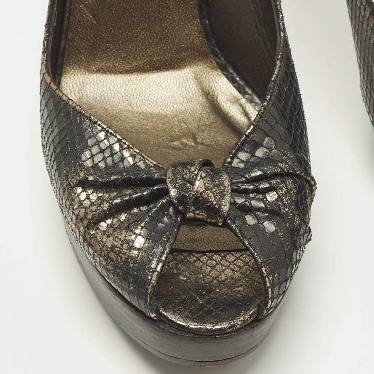 Pre Owned Stuart Weitzman Size 38 Metallic Snakeskin Embossed Leather Knot Slingback Peep Toe Pumps