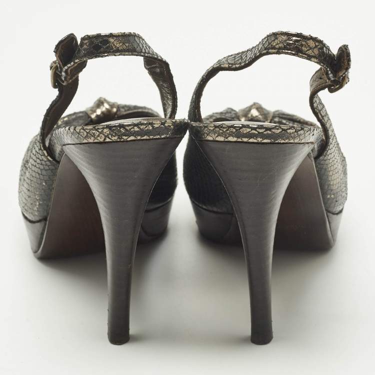 Pre Owned Stuart Weitzman Size 38 Metallic Snakeskin Embossed Leather Knot Slingback Peep Toe Pumps