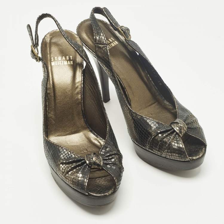 Pre Owned Stuart Weitzman Size 38 Metallic Snakeskin Embossed Leather Knot Slingback Peep Toe Pumps