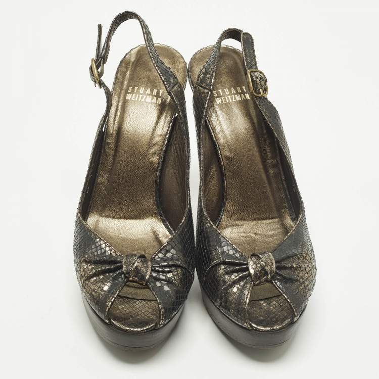 Pre Owned Stuart Weitzman Size 38 Metallic Snakeskin Embossed Leather Knot Slingback Peep Toe Pumps