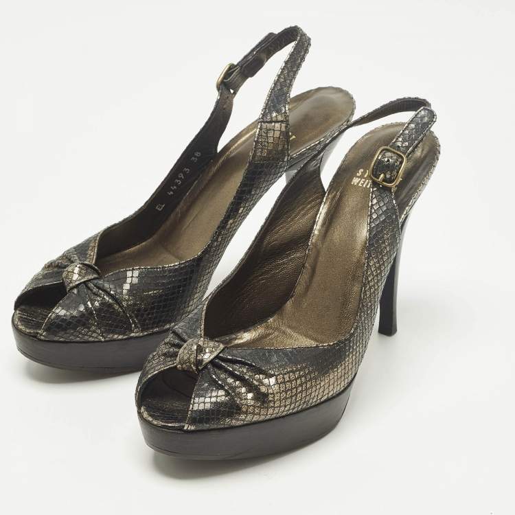 Pre Owned Stuart Weitzman Size 38 Metallic Snakeskin Embossed Leather Knot Slingback Peep Toe Pumps