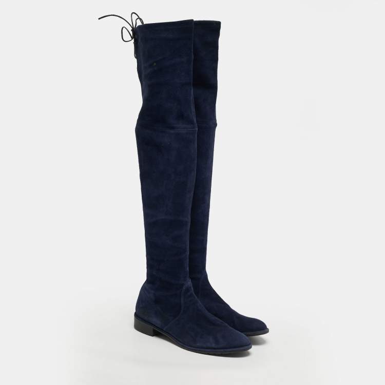 مملوكة مسبقًا Stuart Weitzman Lowland Size 38.5 Navy Blue Suede Knee Length Boots