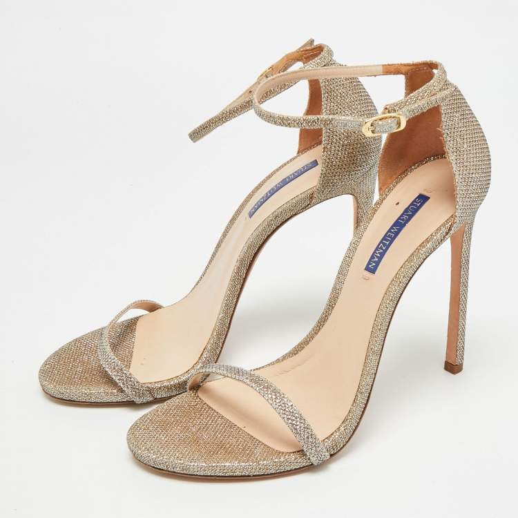 Pre Owned Stuart Weitzman Nudist Size 41.5 Gold Metallic Lurex Fabric Ankle Strap Sandals