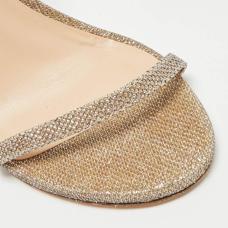 Pre Owned Stuart Weitzman Nudist Size 41.5 Gold Metallic Lurex Fabric Ankle Strap Sandals