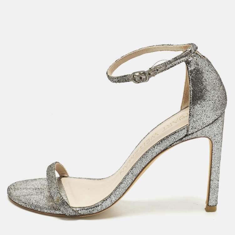 Pre Owned Stuart Weitzman Nudistsong Size 37 Silver Texture Suede Ankle Strap Sandals