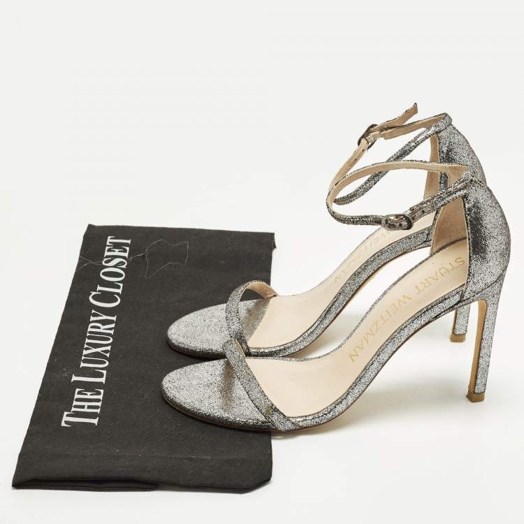 Pre Owned Stuart Weitzman Nudistsong Size 37 Silver Texture Suede Ankle Strap Sandals