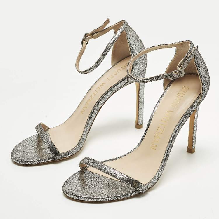Pre Owned Stuart Weitzman Nudistsong Size 37 Silver Texture Suede Ankle Strap Sandals