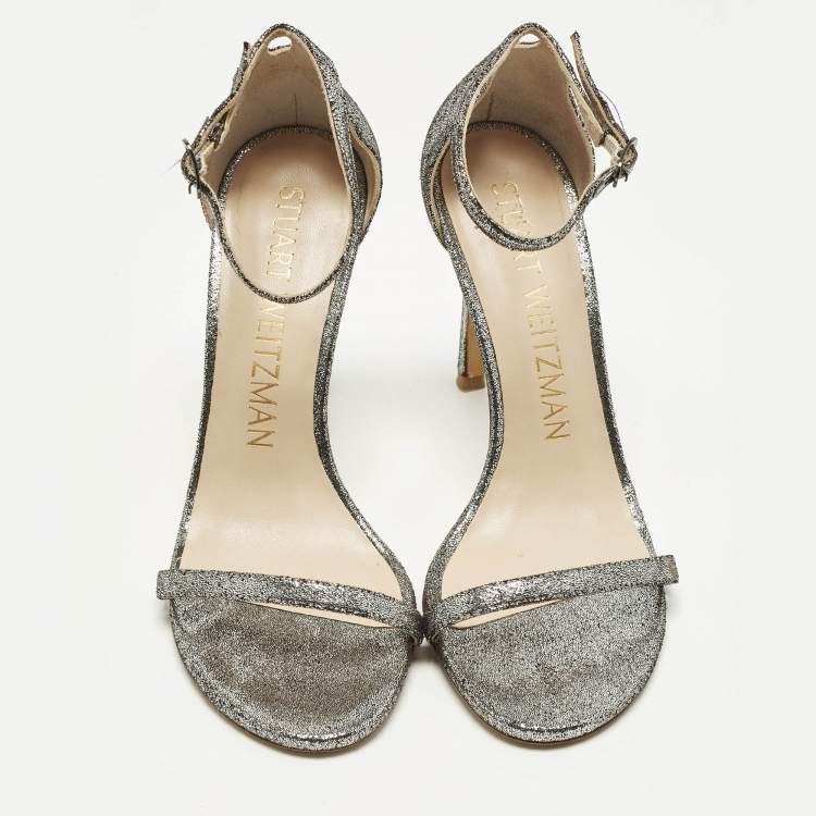 Pre Owned Stuart Weitzman Nudistsong Size 37 Silver Texture Suede Ankle Strap Sandals