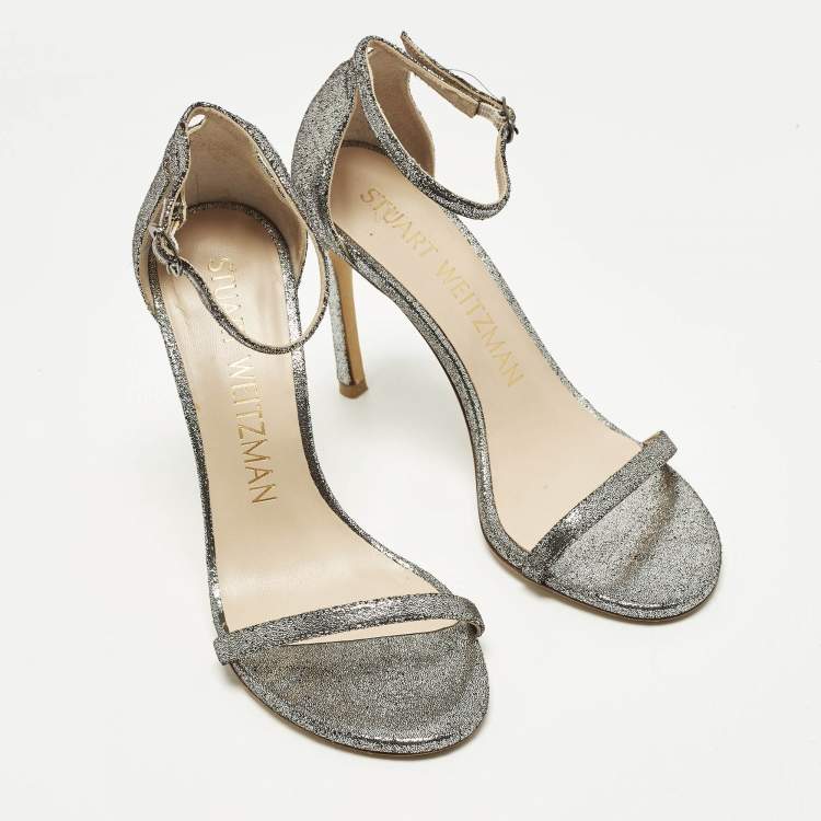 Pre Owned Stuart Weitzman Nudistsong Size 37 Silver Texture Suede Ankle Strap Sandals