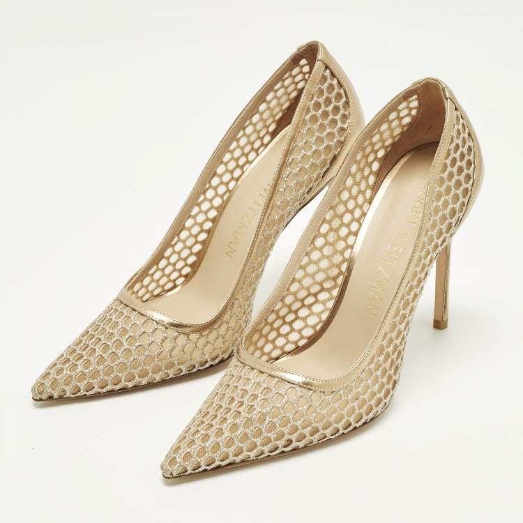 Pre Owned Stuart Weitzman Size 40.5 Gold Leather and Mesh Pointed Toe Pumps