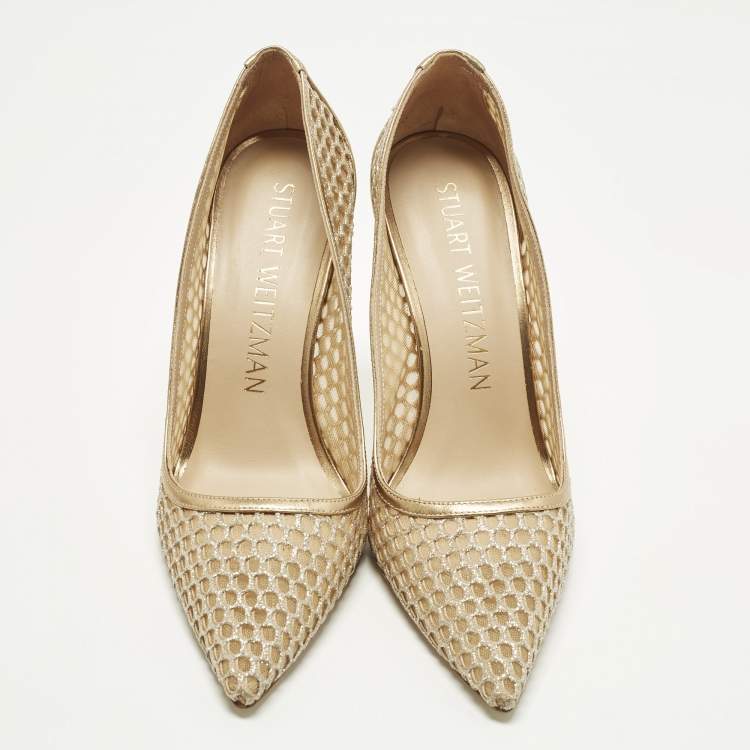 Pre Owned Stuart Weitzman Size 40.5 Gold Leather and Mesh Pointed Toe Pumps