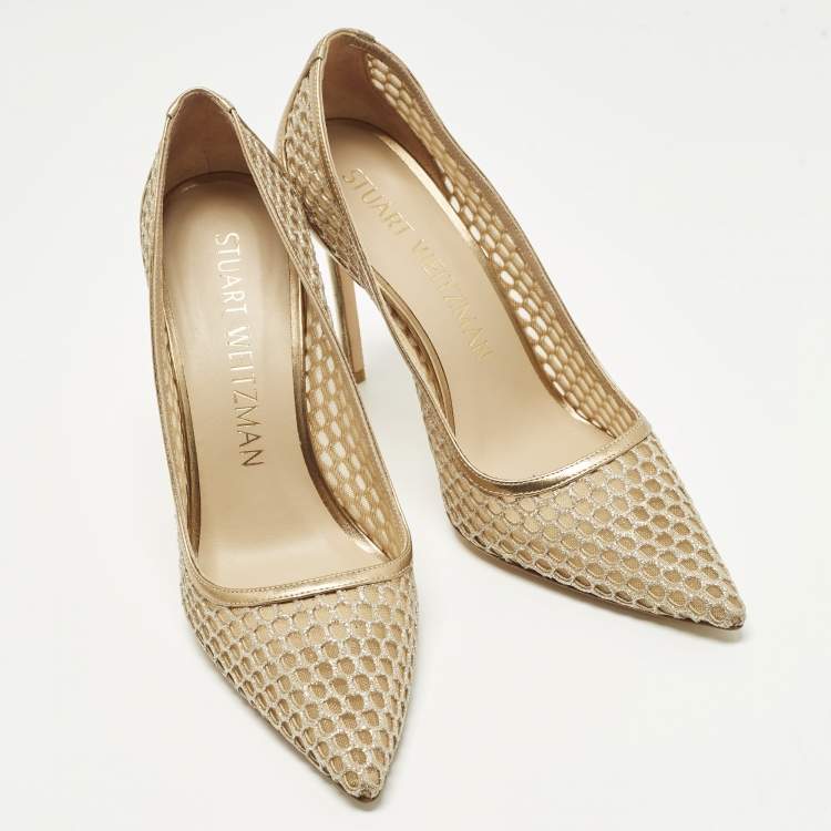 Pre Owned Stuart Weitzman Size 40.5 Gold Leather and Mesh Pointed Toe Pumps