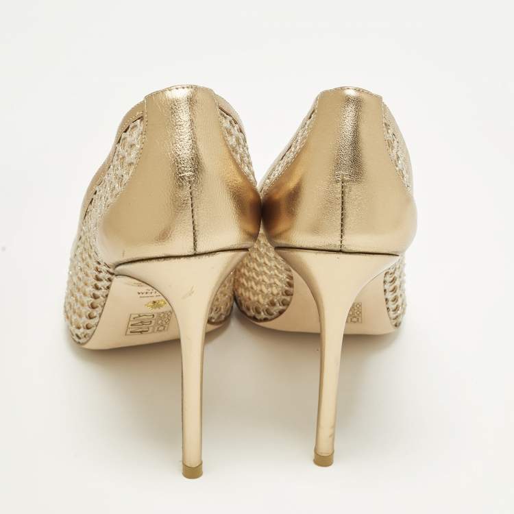 Pre Owned Stuart Weitzman Size 40.5 Gold Leather and Mesh Pointed Toe Pumps